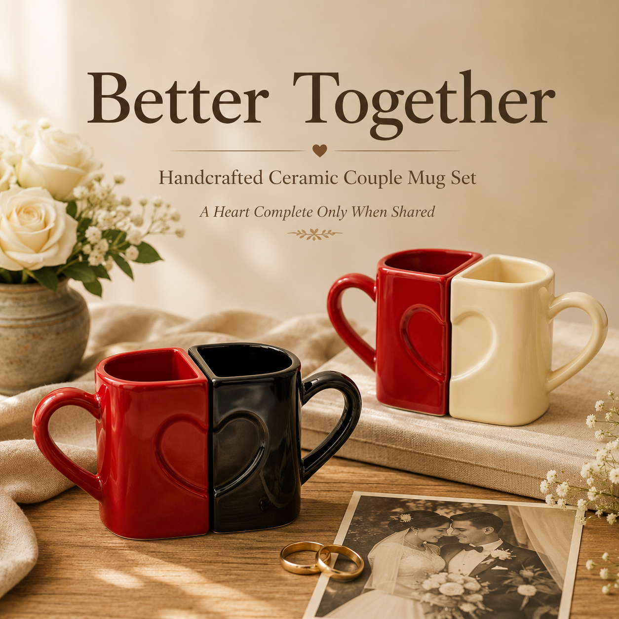 Handcrafted Ceramic Heart Couple Mug Set, product overview