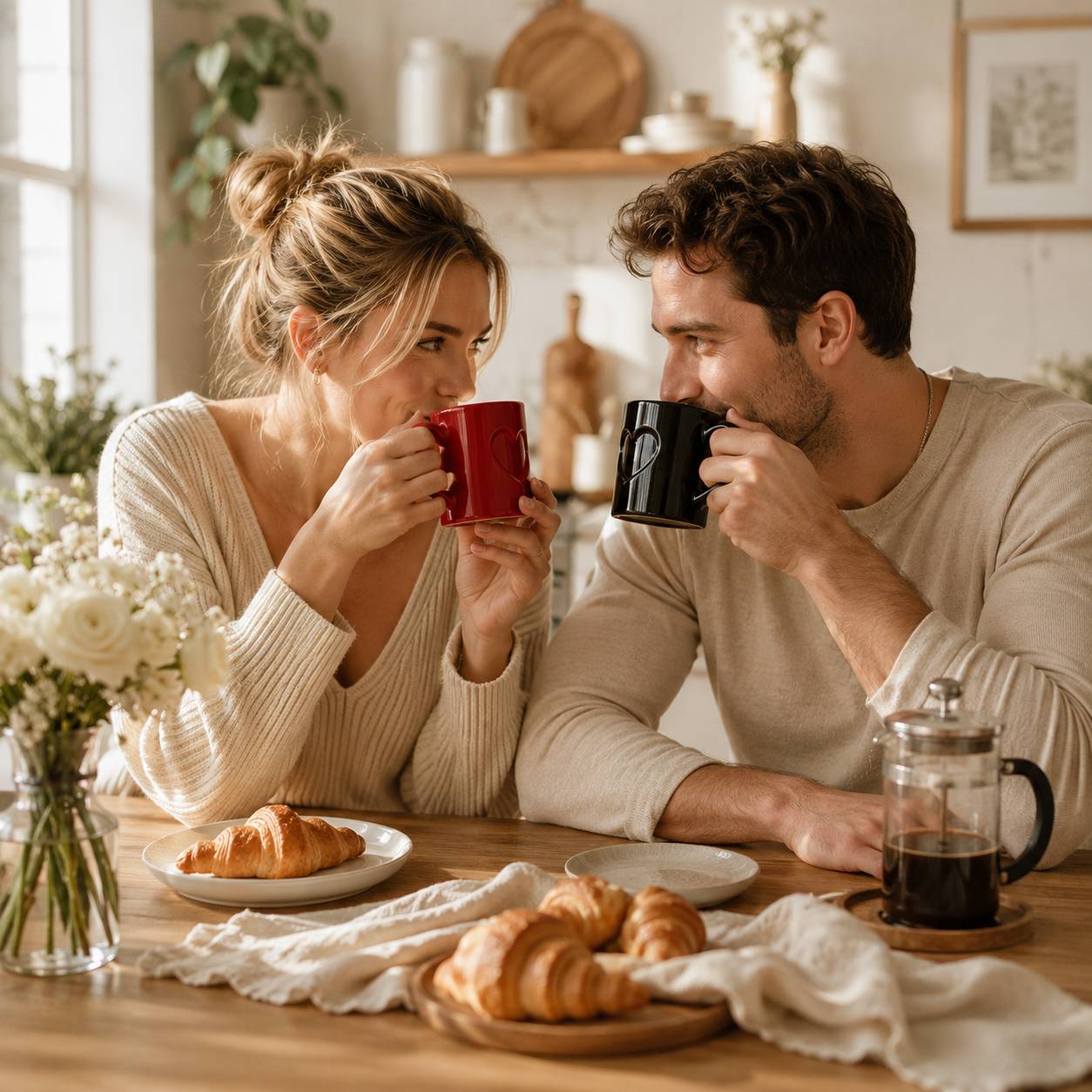 Handcrafted Ceramic Heart Couple Mug Set, styled product view