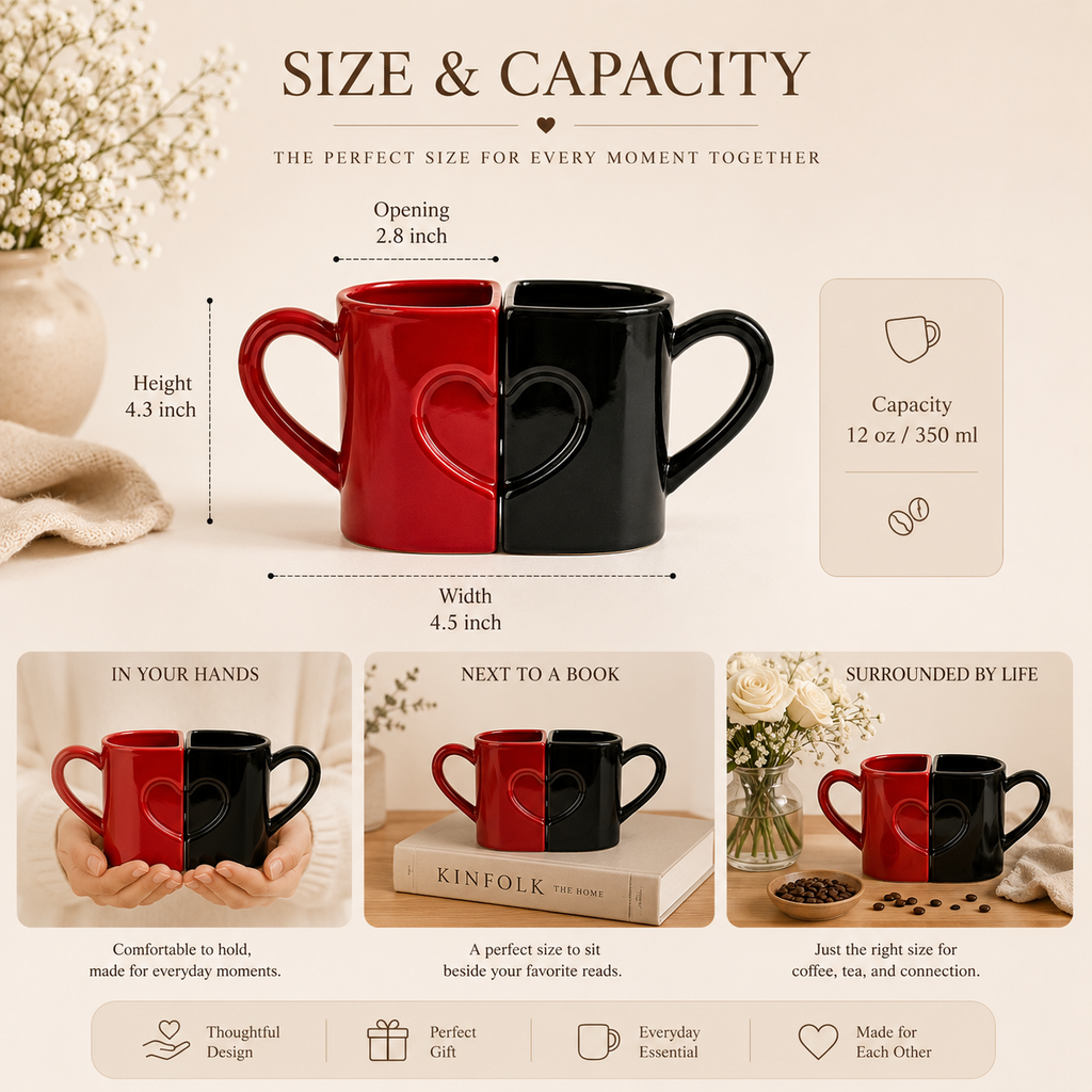 Handcrafted Ceramic Heart Couple Mug Set, close-up detail