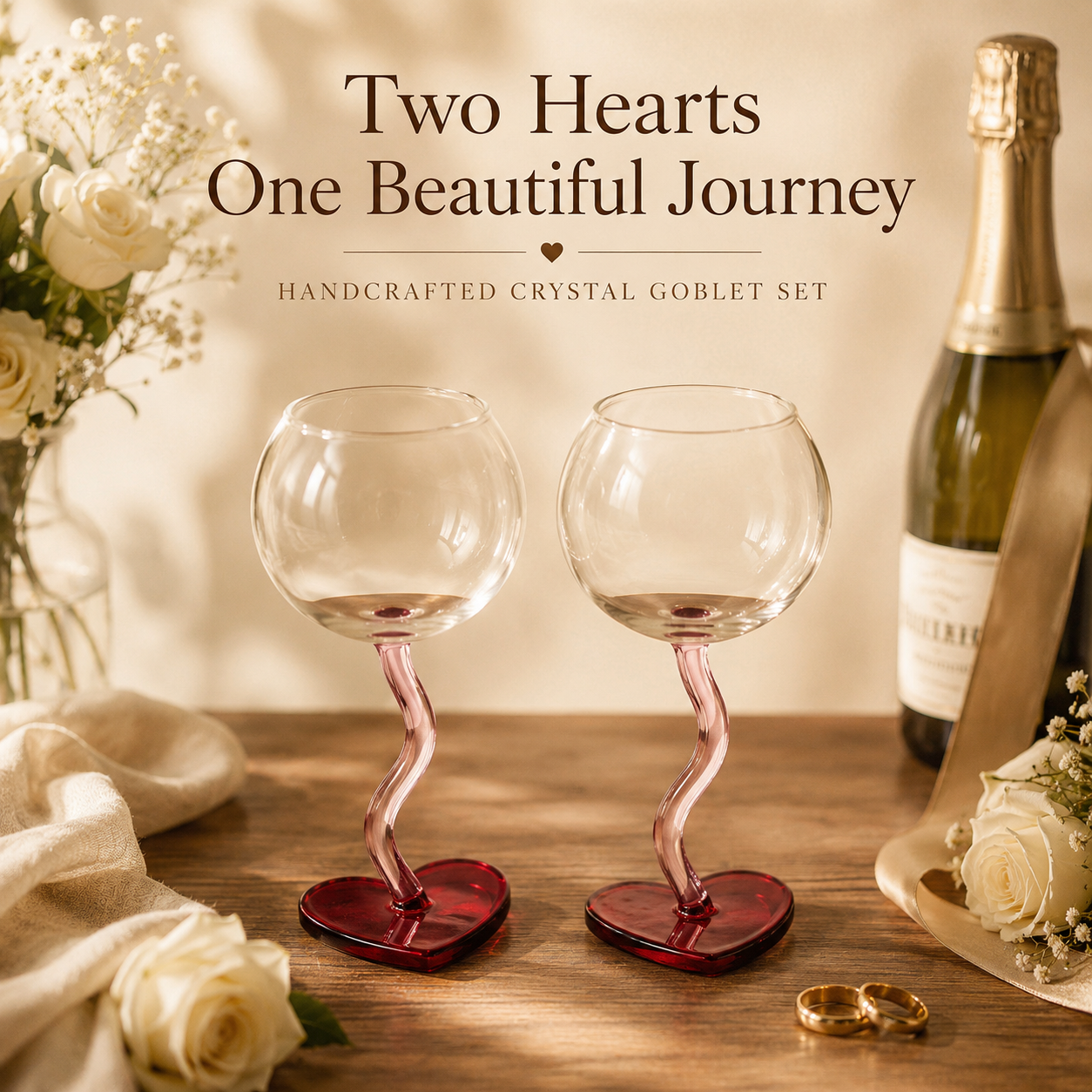 Handcrafted Crystal Heart Goblet Set – Twisted Stem & Heart Base, styled product scene with anniversary-themed props