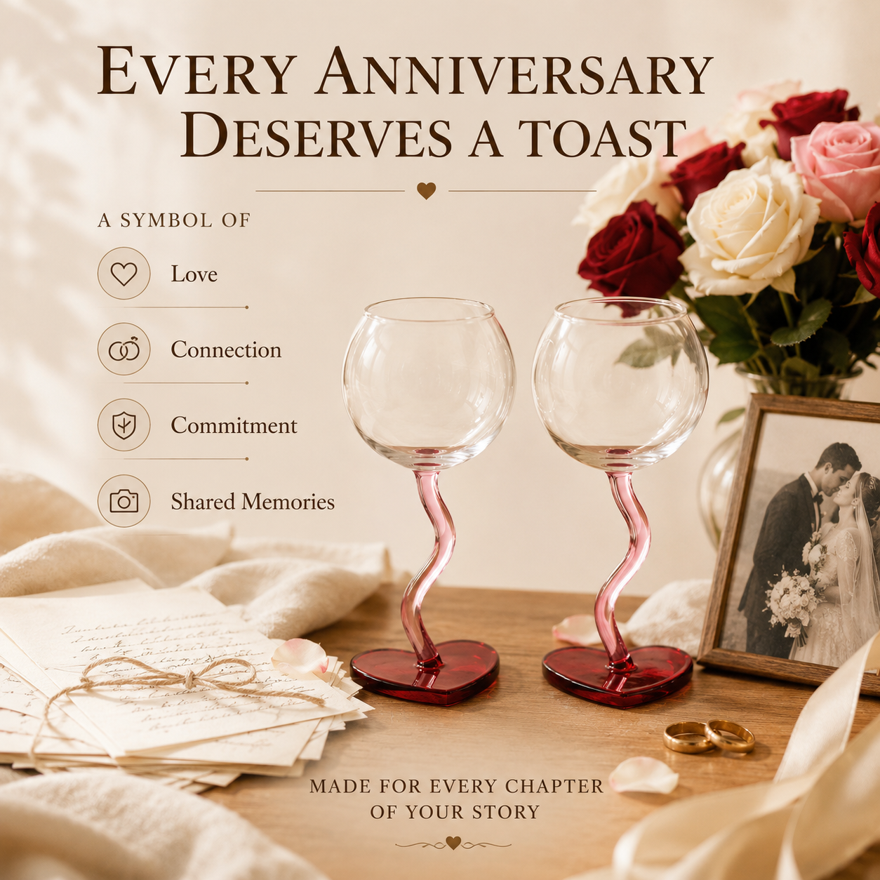 Handcrafted Crystal Heart Goblet Set – Twisted Stem & Heart Base, styled product scene with anniversary-themed props
