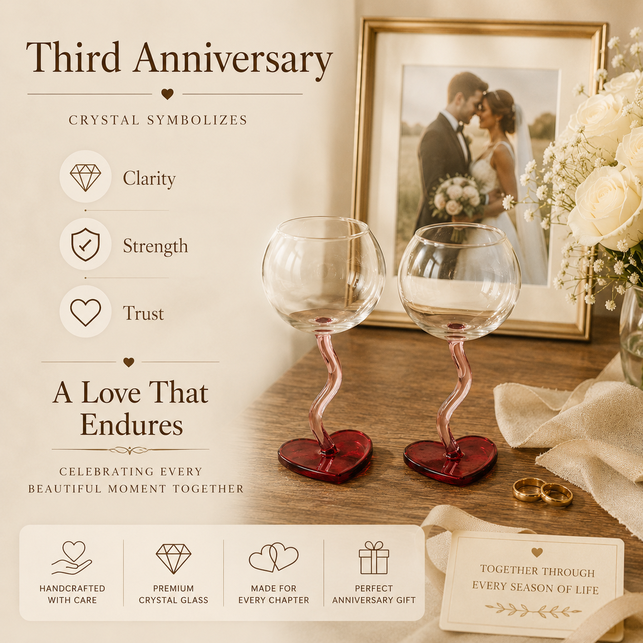 Handcrafted Crystal Heart Goblet Set – Twisted Stem & Heart Base, detail infographic showing materials and construction