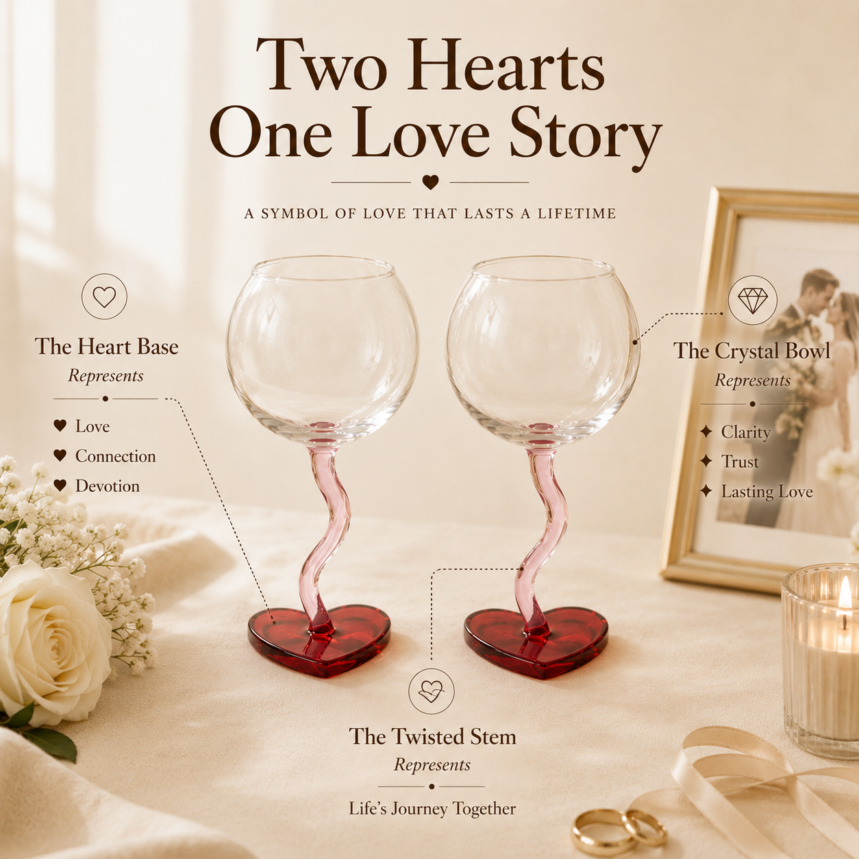 Handcrafted Crystal Heart Goblet Set – Twisted Stem & Heart Base, detail infographic showing materials and construction