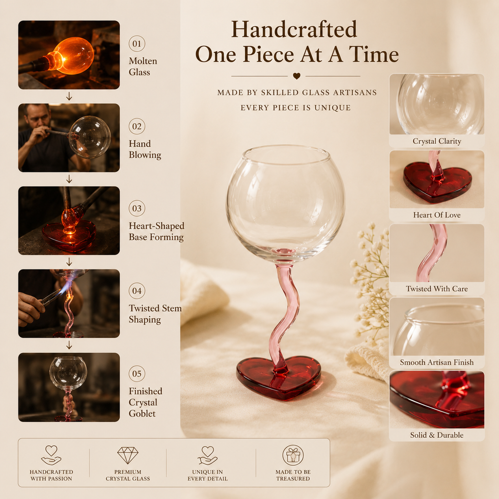 Handcrafted Crystal Heart Goblet Set – Twisted Stem & Heart Base, size and dimensions infographic