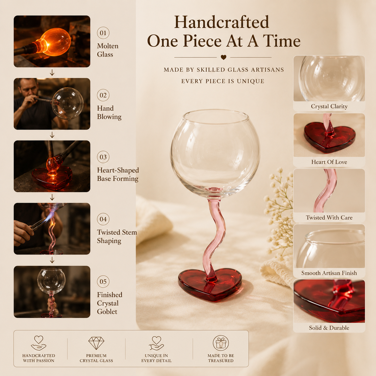 Handcrafted Crystal Heart Goblet Set – Twisted Stem & Heart Base, size and dimensions infographic