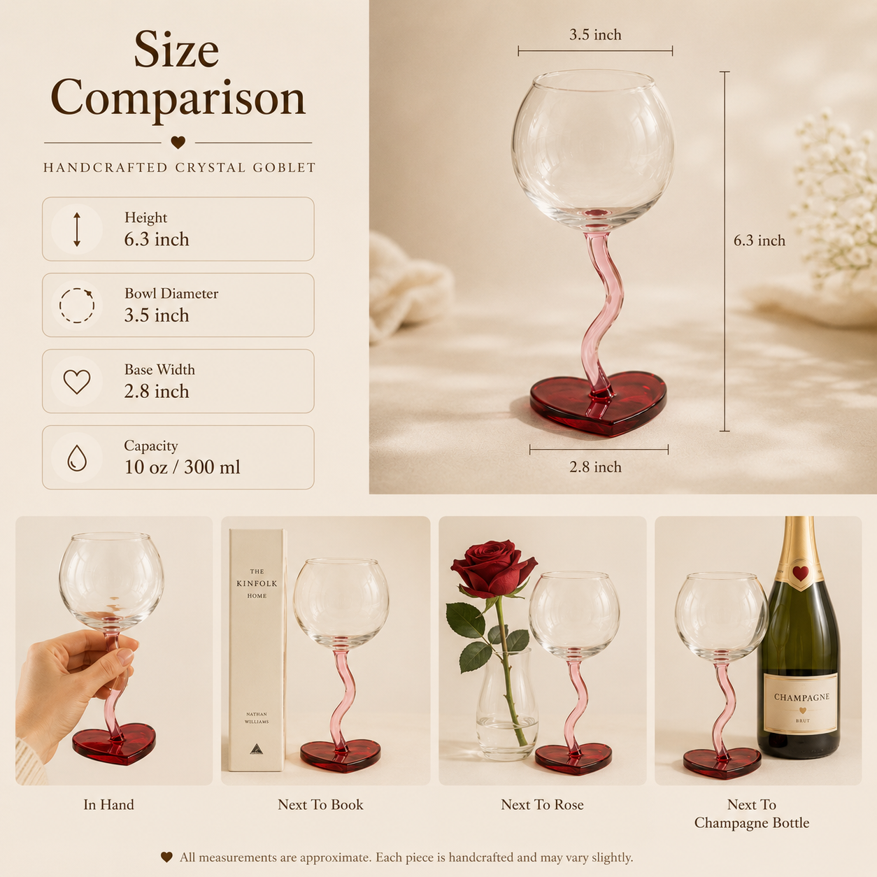 Handcrafted Crystal Heart Goblet Set – Twisted Stem & Heart Base, styled product scene with anniversary-themed props
