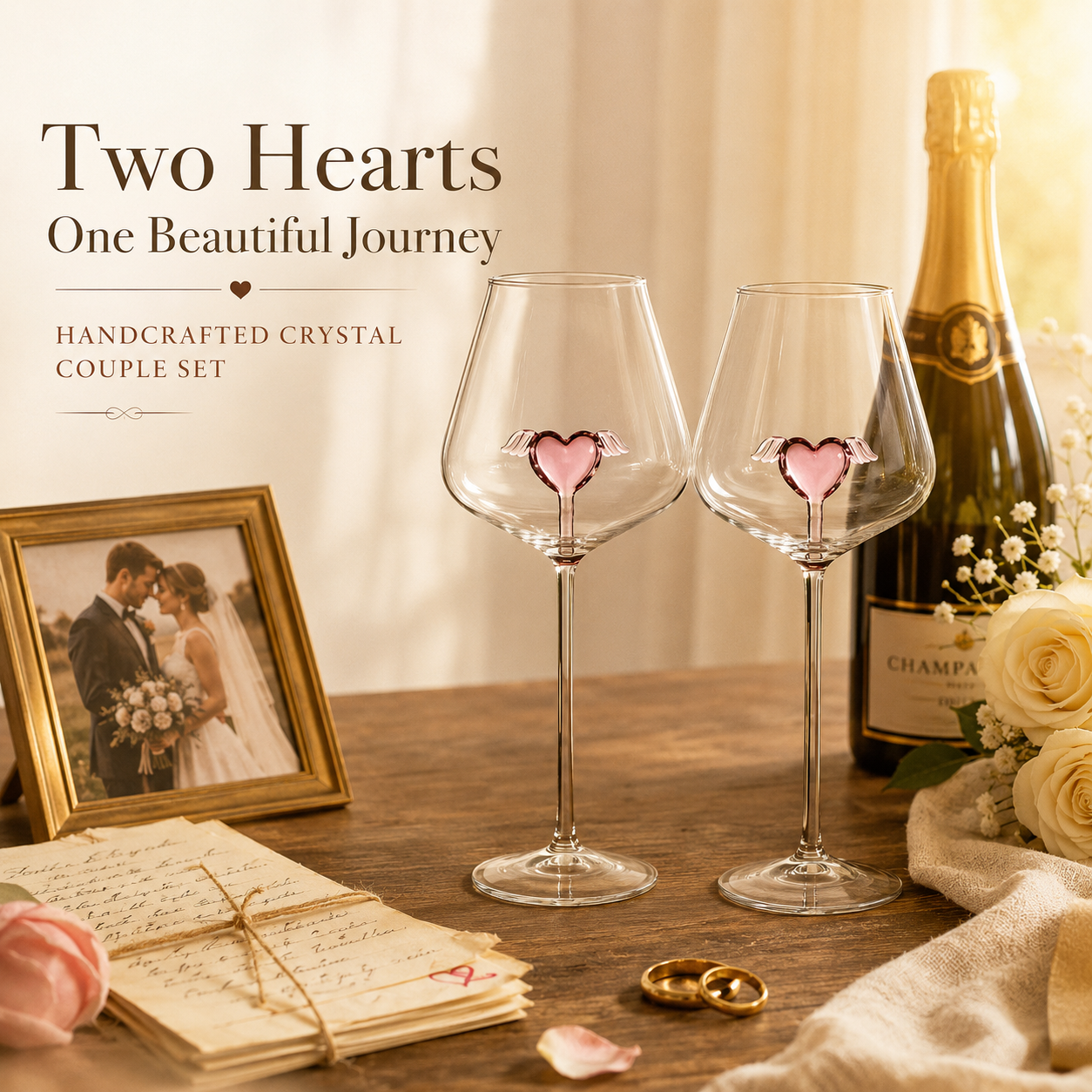 Handcrafted Crystal Heart Wine Glass Set – Winged Heart Centerpiece, styled product scene with anniversary-themed props
