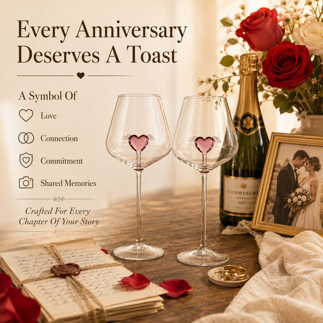 Handcrafted Crystal Heart Wine Glass Set – Winged Heart Centerpiece, styled product scene with anniversary-themed props