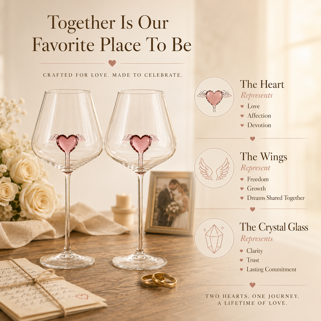 Handcrafted Crystal Heart Wine Glass Set – Winged Heart Centerpiece, detail infographic showing materials and construction