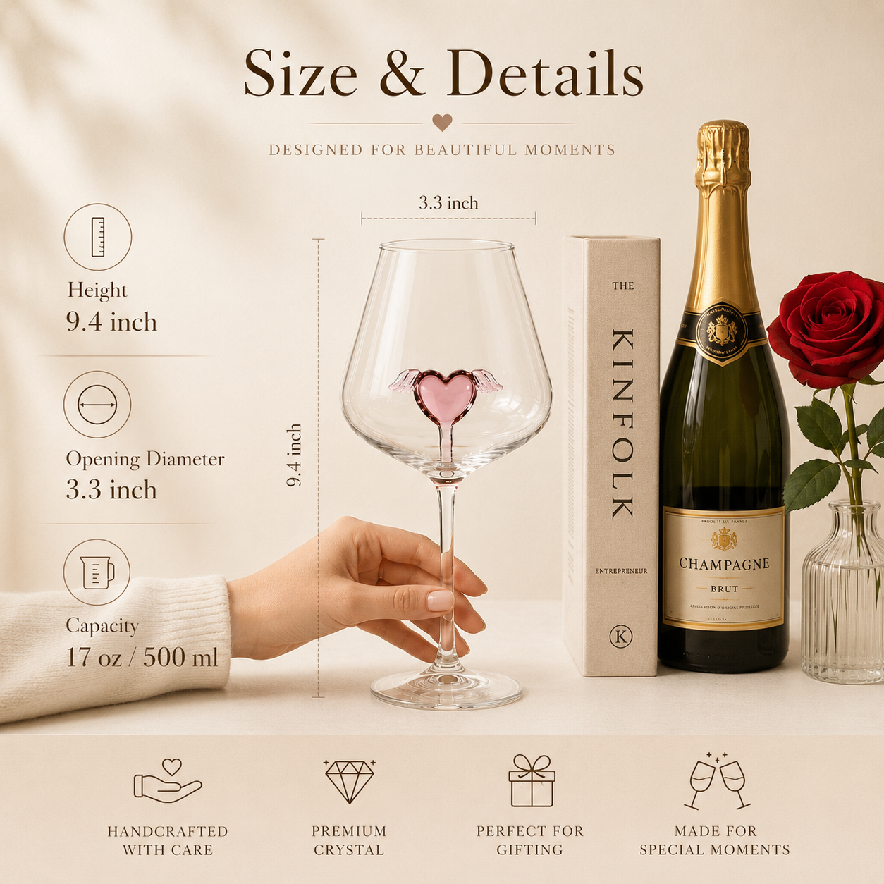Handcrafted Crystal Heart Wine Glass Set – Winged Heart Centerpiece, size and dimensions infographic
