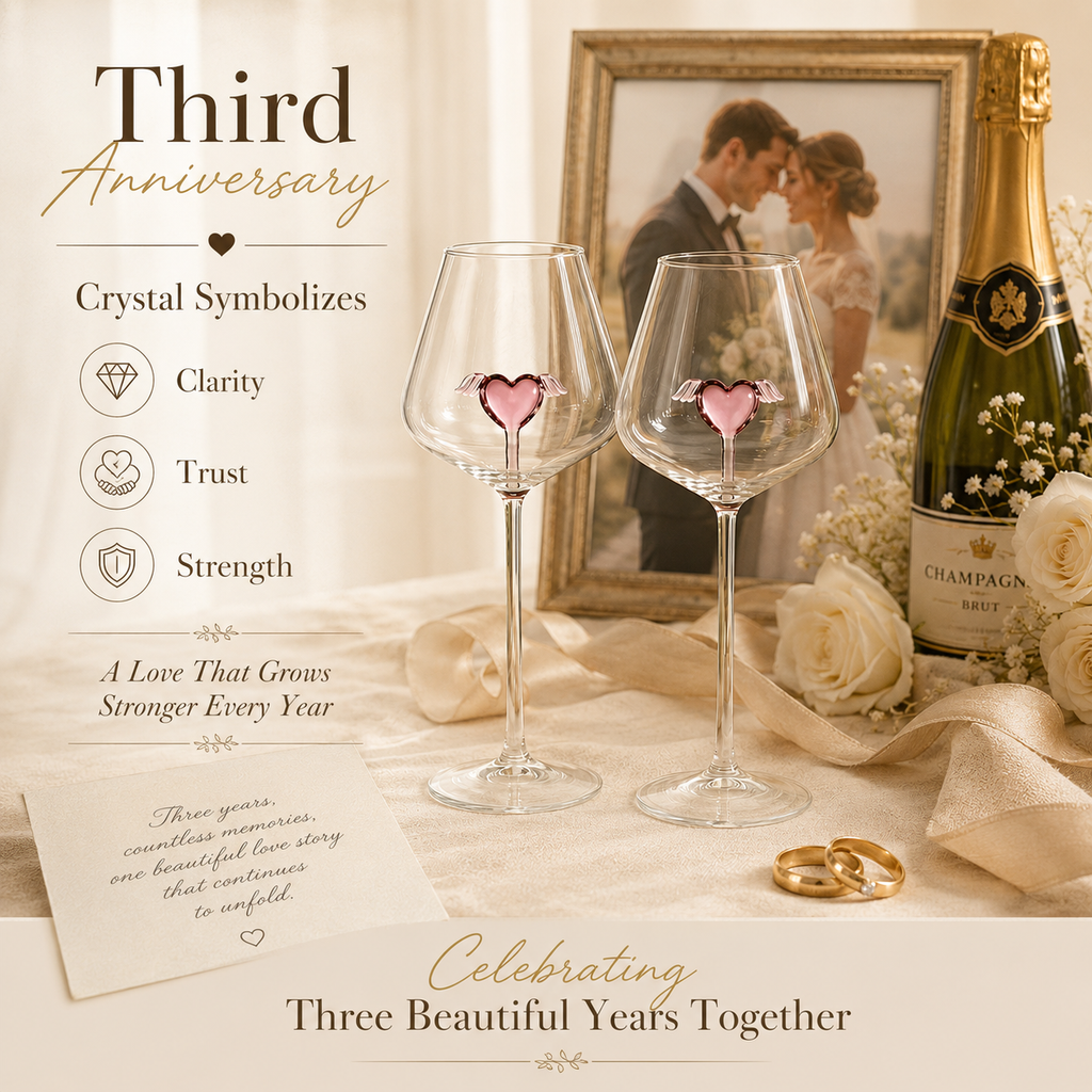 Handcrafted Crystal Heart Wine Glass Set – Winged Heart Centerpiece, detail infographic showing materials and construction