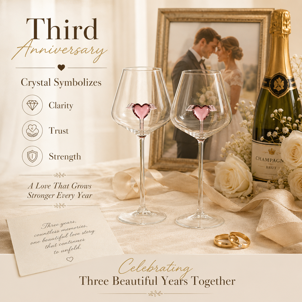 Handcrafted Crystal Heart Wine Glass Set – Winged Heart Centerpiece, detail infographic showing materials and construction