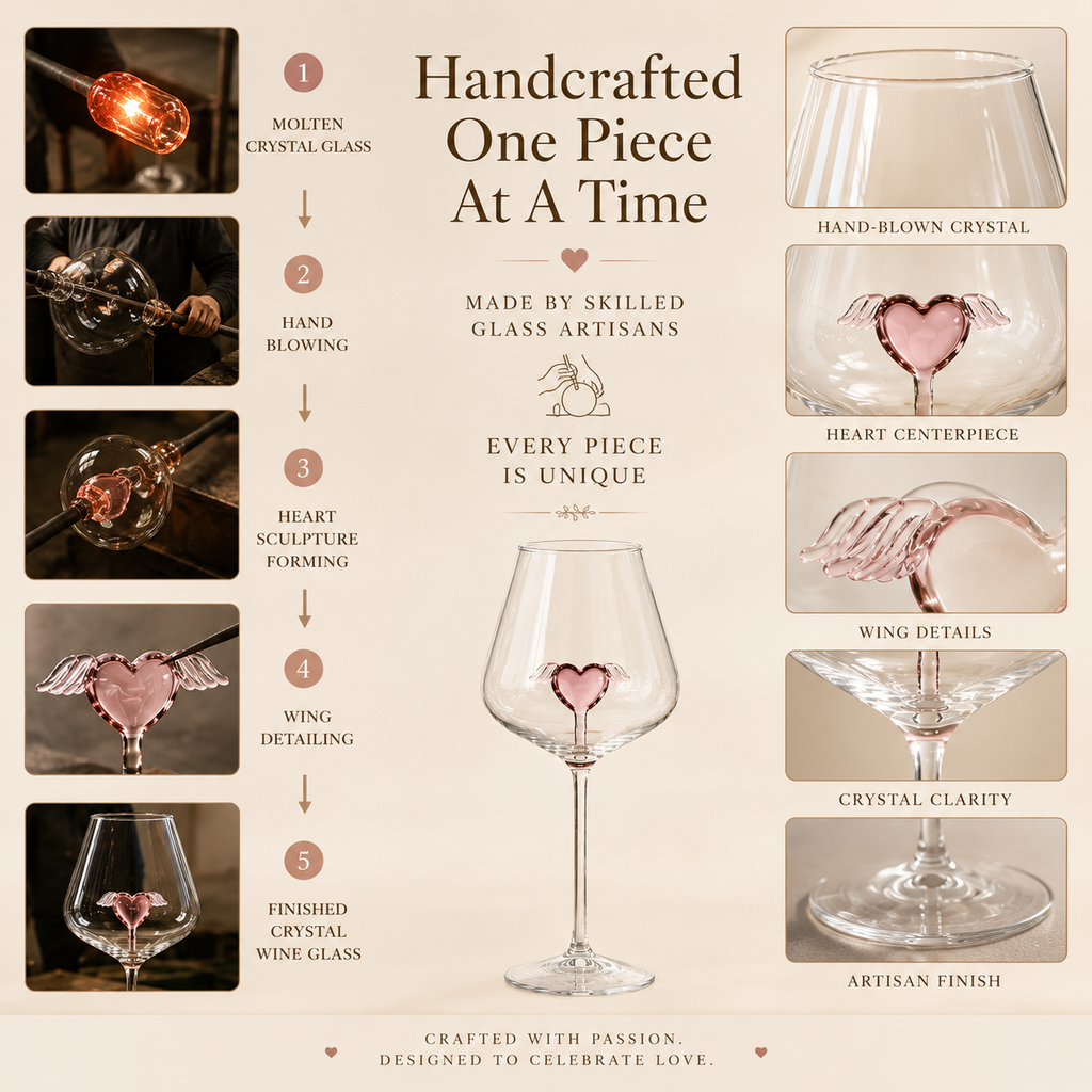 Handcrafted Crystal Heart Wine Glass Set – Winged Heart Centerpiece, styled product scene with anniversary-themed props