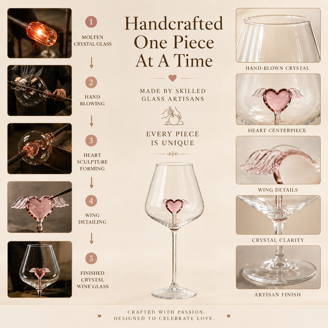 Handcrafted Crystal Heart Wine Glass Set – Winged Heart Centerpiece, styled product scene with anniversary-themed props