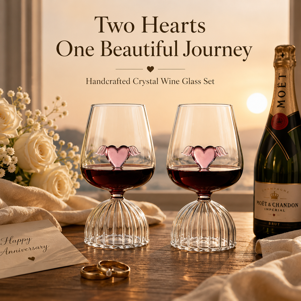 Handcrafted Crystal Heart Wine Glass Set – Ribbed Pedestal & Winged Heart, styled product scene with anniversary-themed props