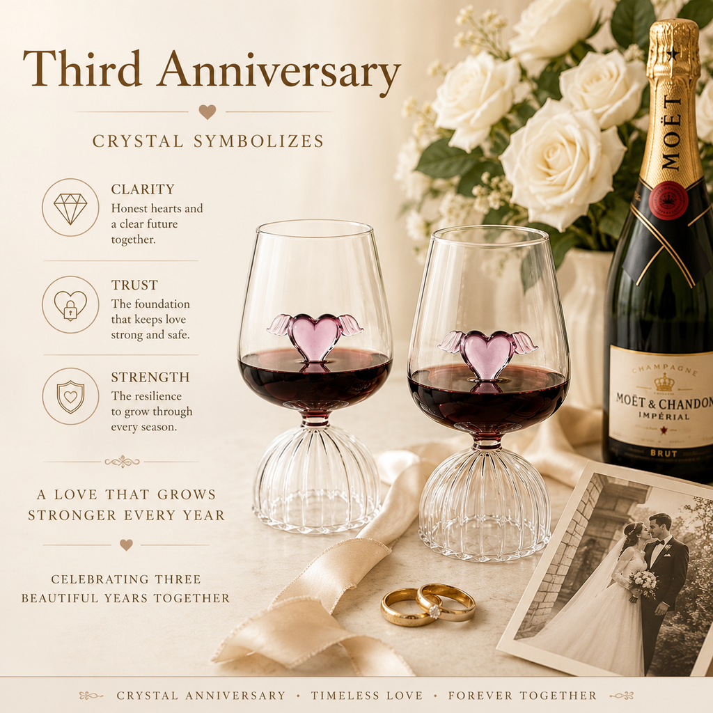 Handcrafted Crystal Heart Wine Glass Set – Ribbed Pedestal & Winged Heart, styled product scene with anniversary-themed props