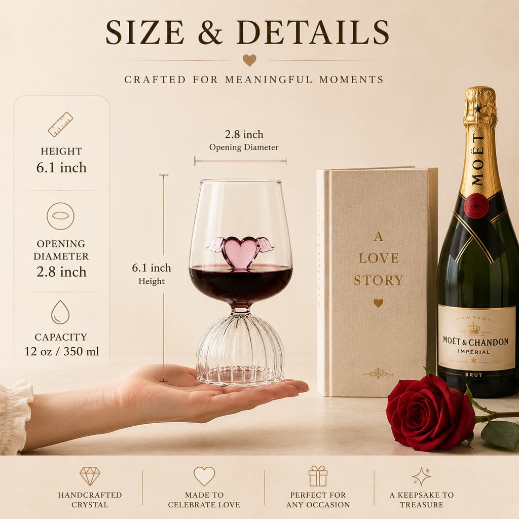 Handcrafted Crystal Heart Wine Glass Set – Ribbed Pedestal & Winged Heart, detail infographic showing materials and...
