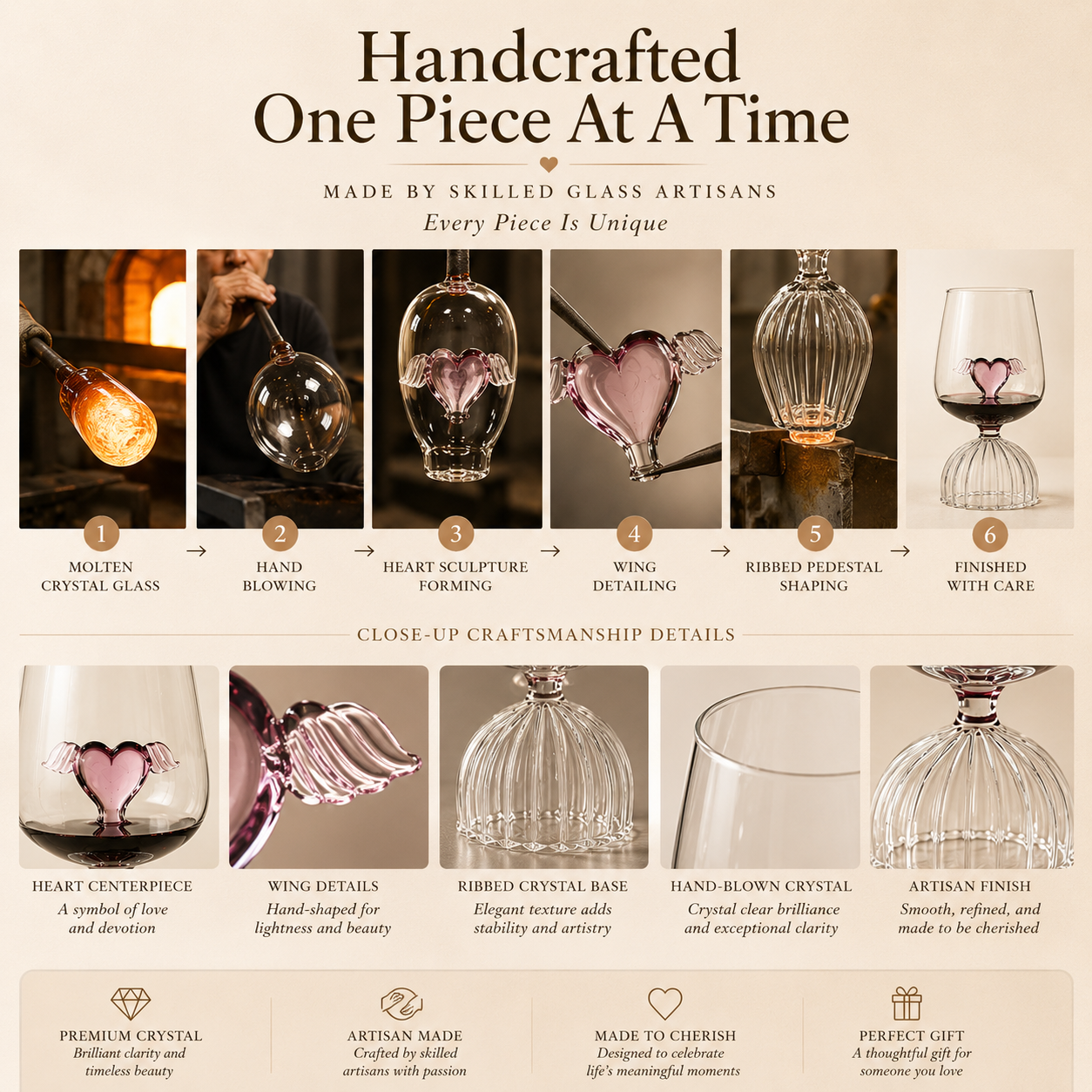 Handcrafted Crystal Heart Wine Glass Set – Ribbed Pedestal & Winged Heart, size and dimensions infographic