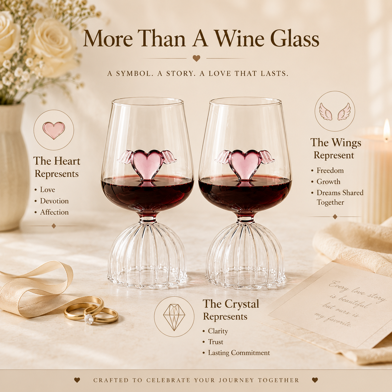 Handcrafted Crystal Heart Wine Glass Set – Ribbed Pedestal & Winged Heart, detail infographic showing materials and...
