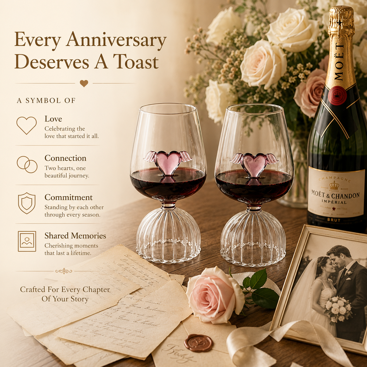 Handcrafted Crystal Heart Wine Glass Set – Ribbed Pedestal & Winged Heart, styled product scene with anniversary-themed props