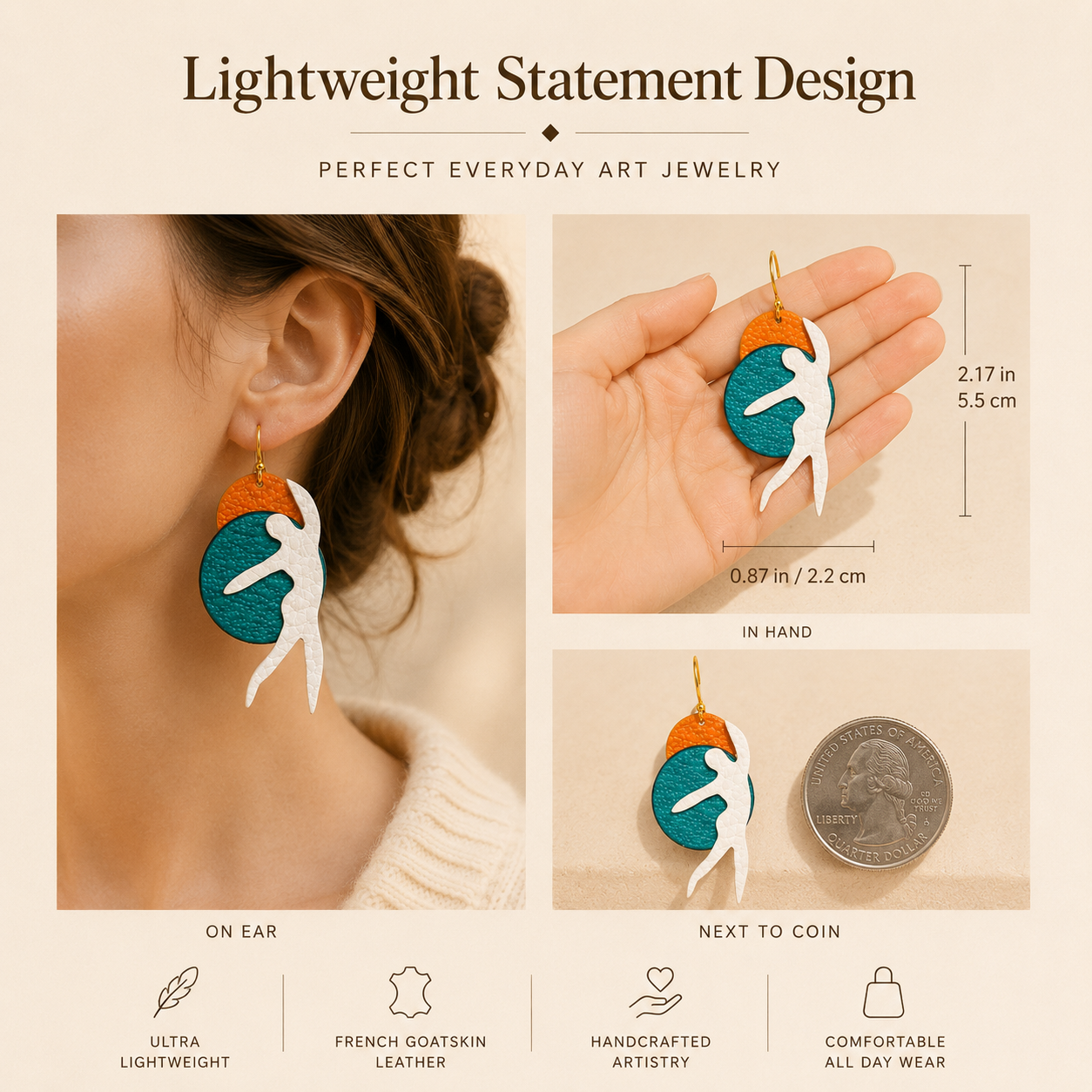 Handcrafted French Goatskin Art Earrings, craftsmanship details