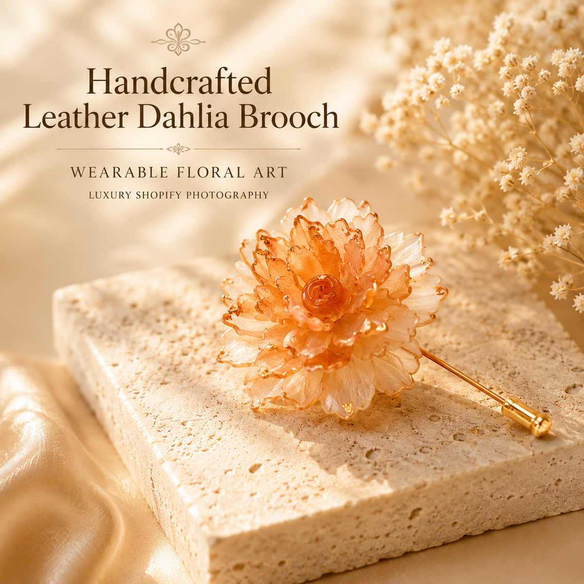 Handcrafted Leather Dahlia Brooch, styled product view