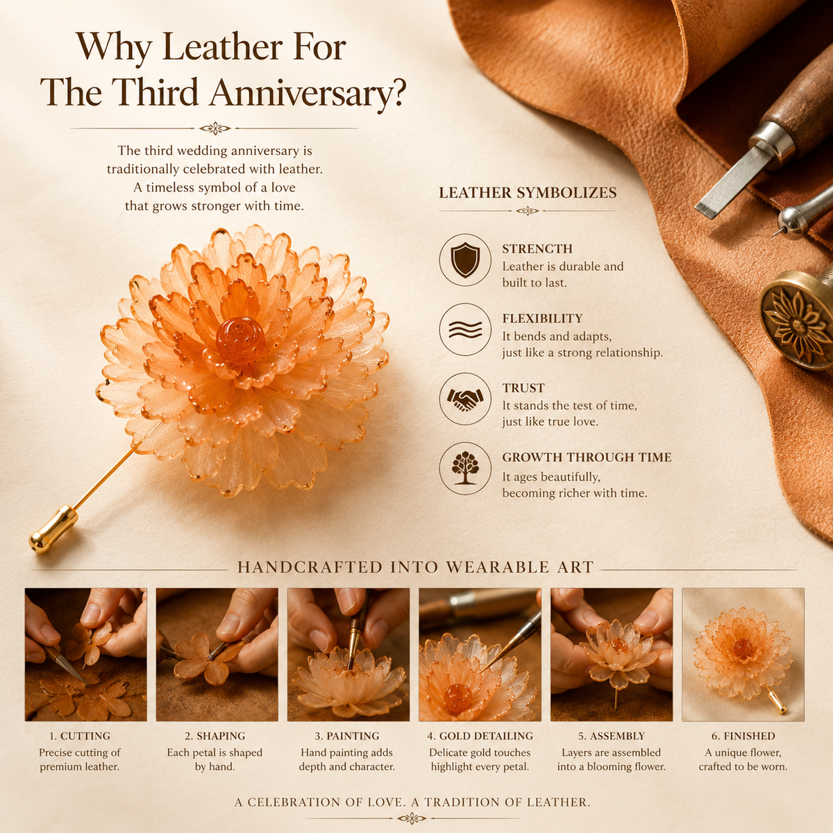Handcrafted Leather Dahlia Brooch, product overview