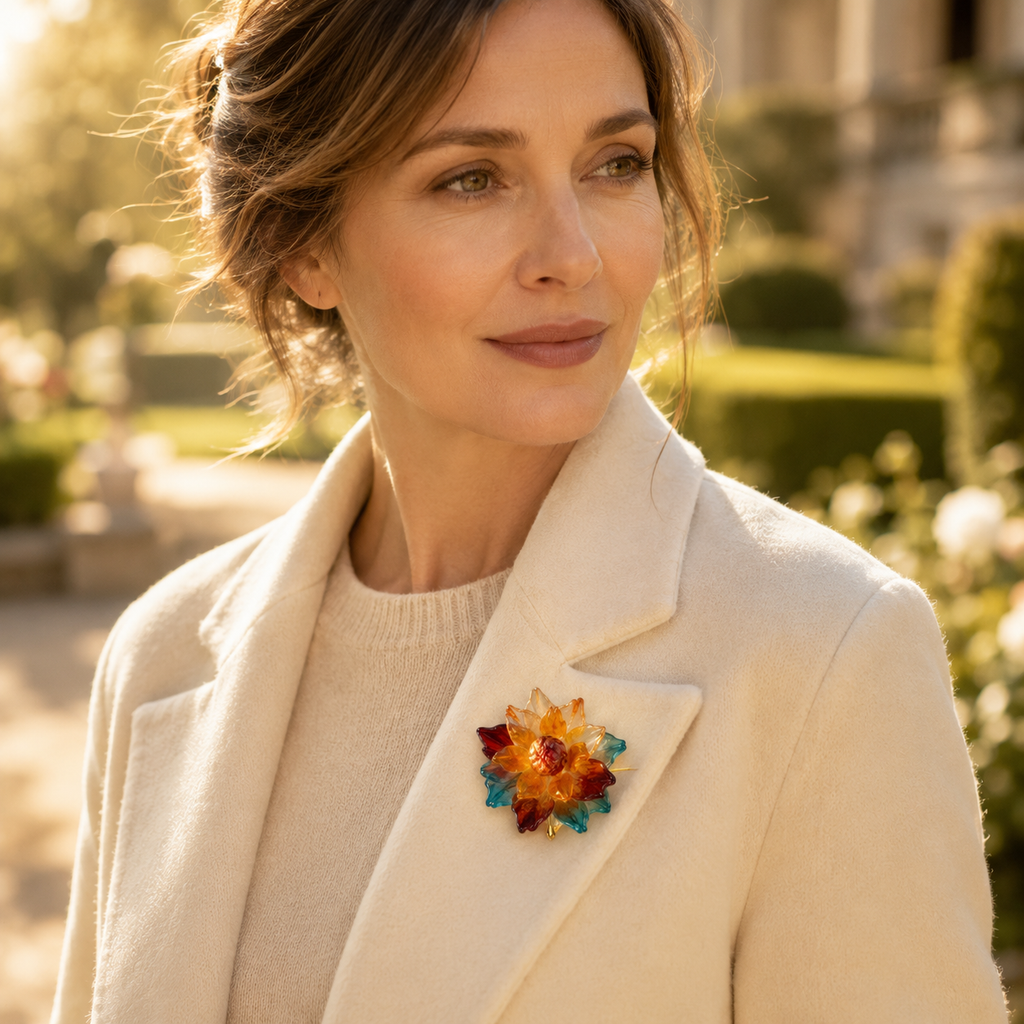 Handcrafted Leather Flower Brooch, styled product view