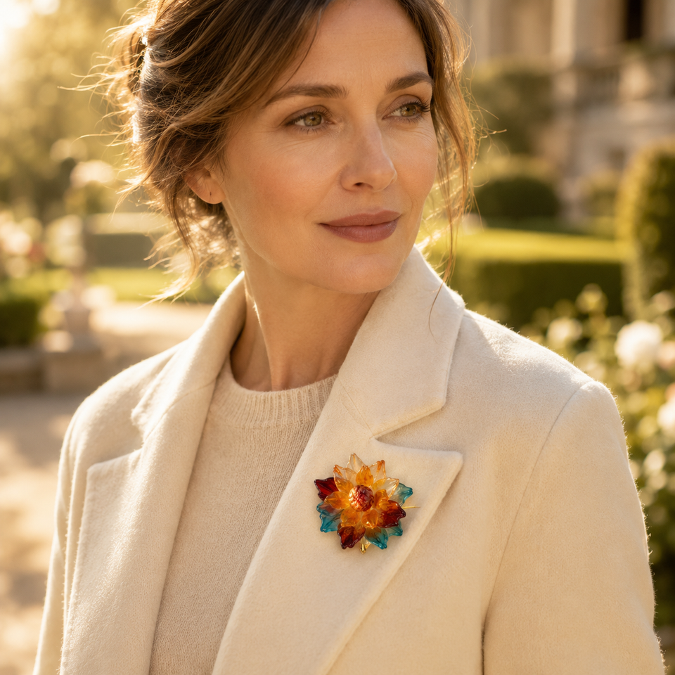 Handcrafted Leather Flower Brooch, styled product view