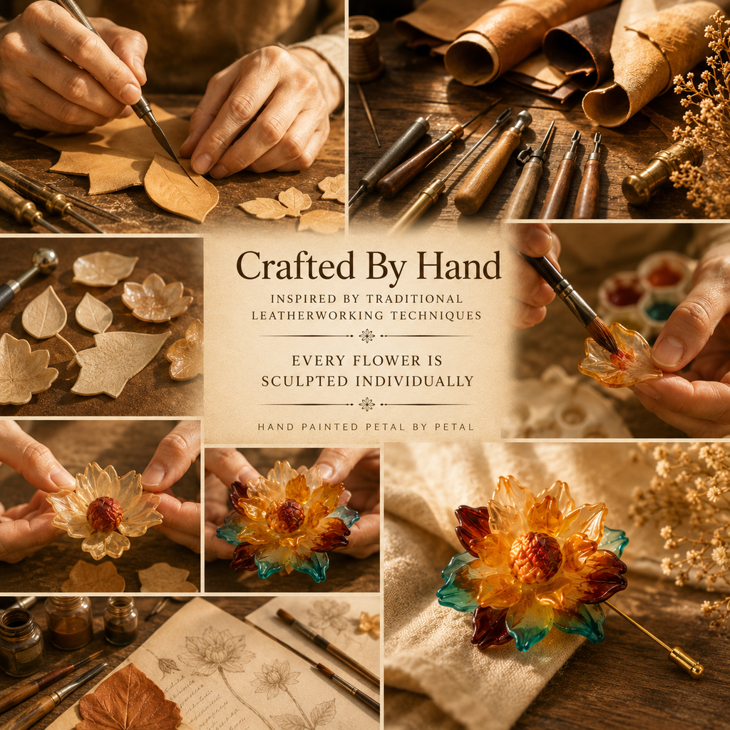 Handcrafted Leather Flower Brooch, styled product view