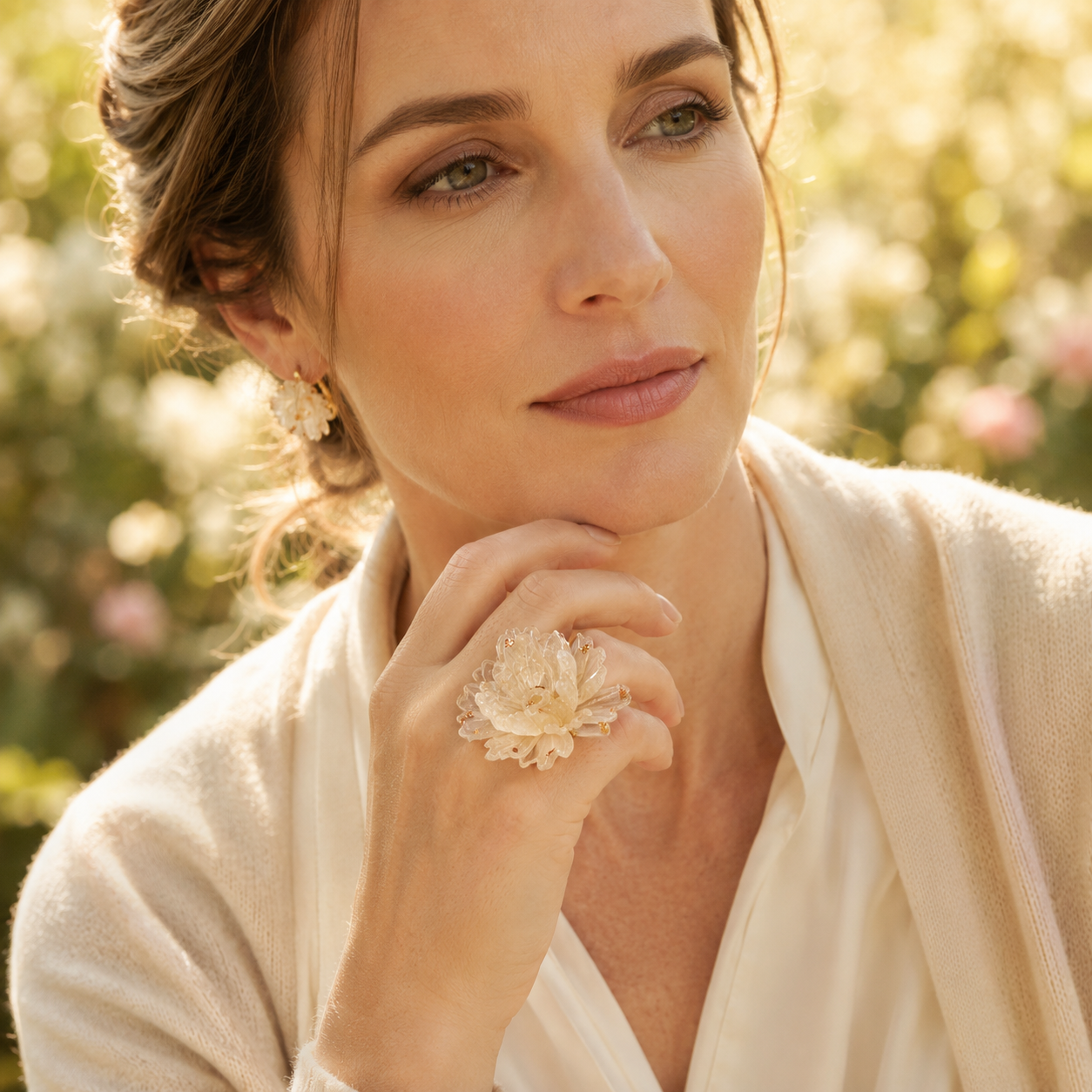 Handcrafted Leather Flower Statement Ring, styled product view