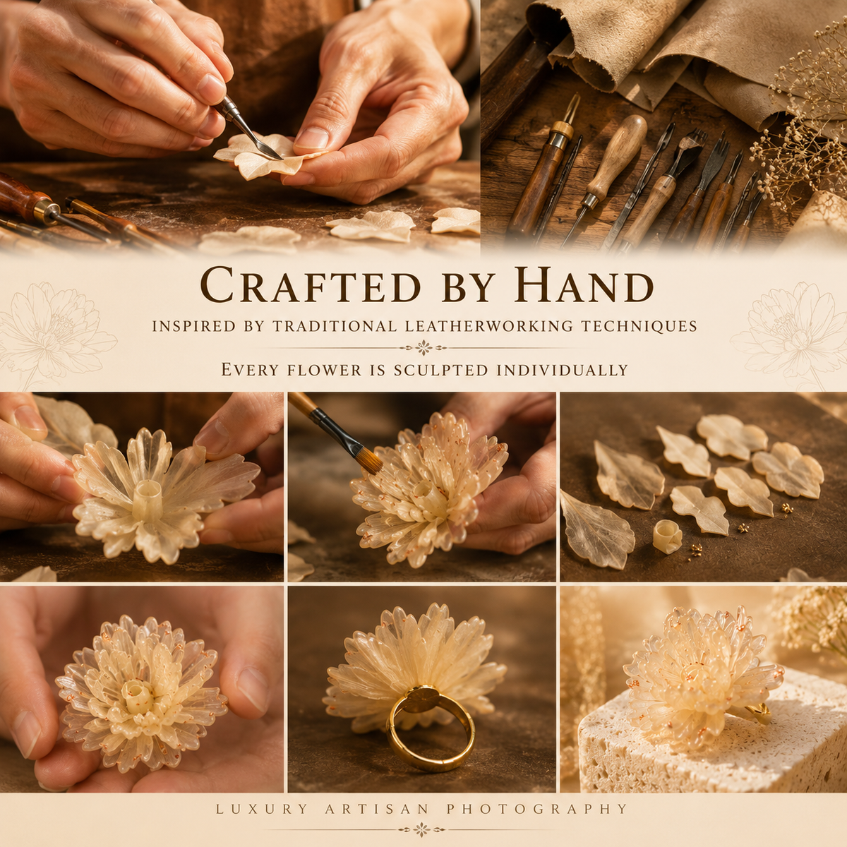 Handcrafted Leather Flower Statement Ring, styled product view