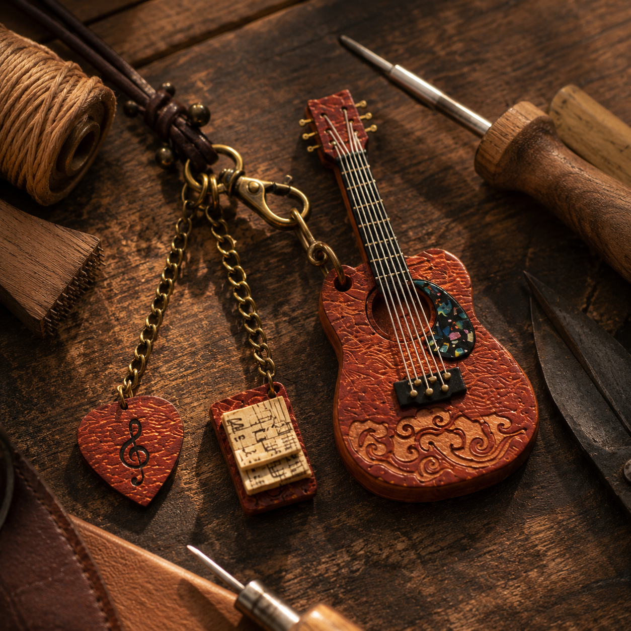 Handcrafted Leather Guitar Bag Charm, product overview