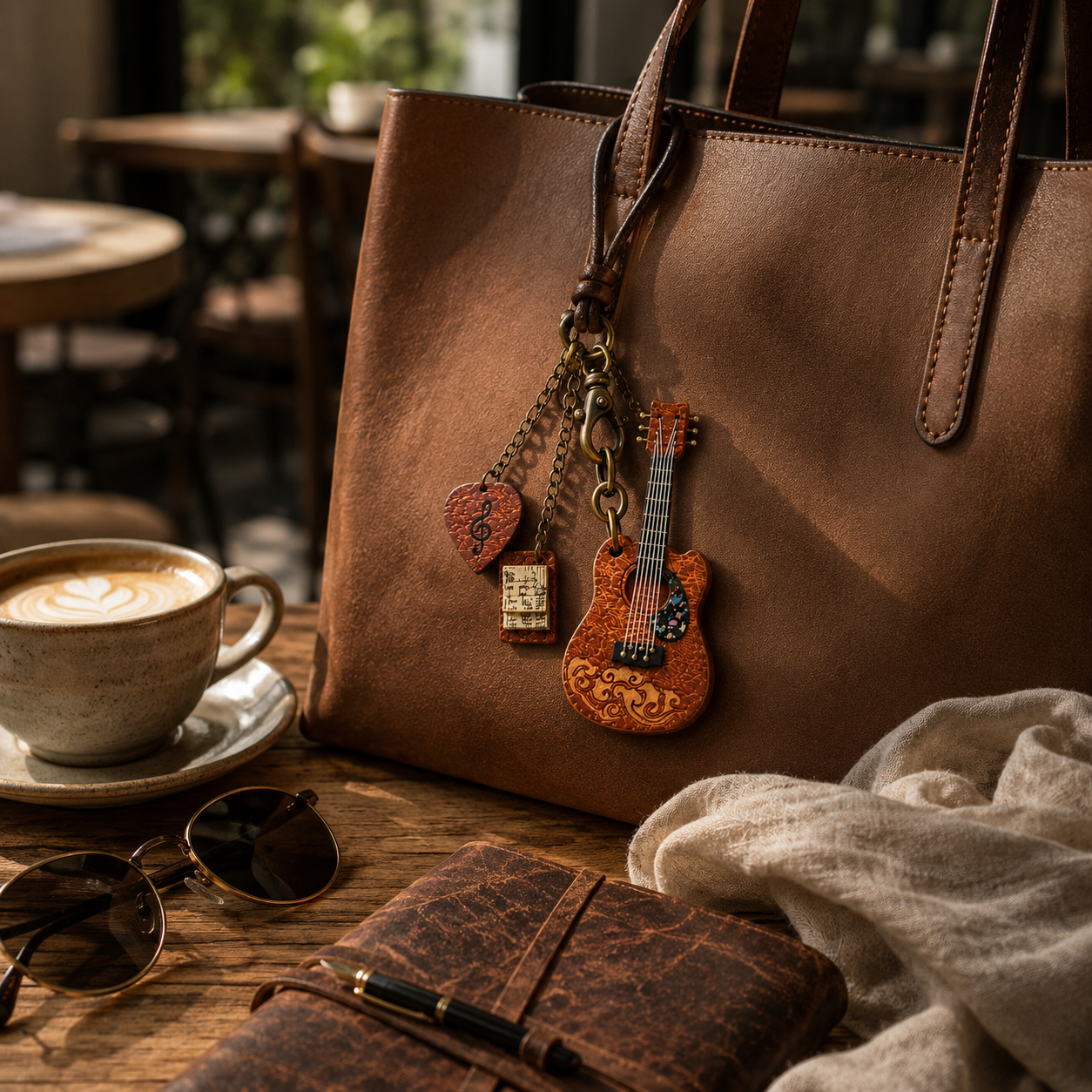 Handcrafted Leather Guitar Bag Charm, styled product view