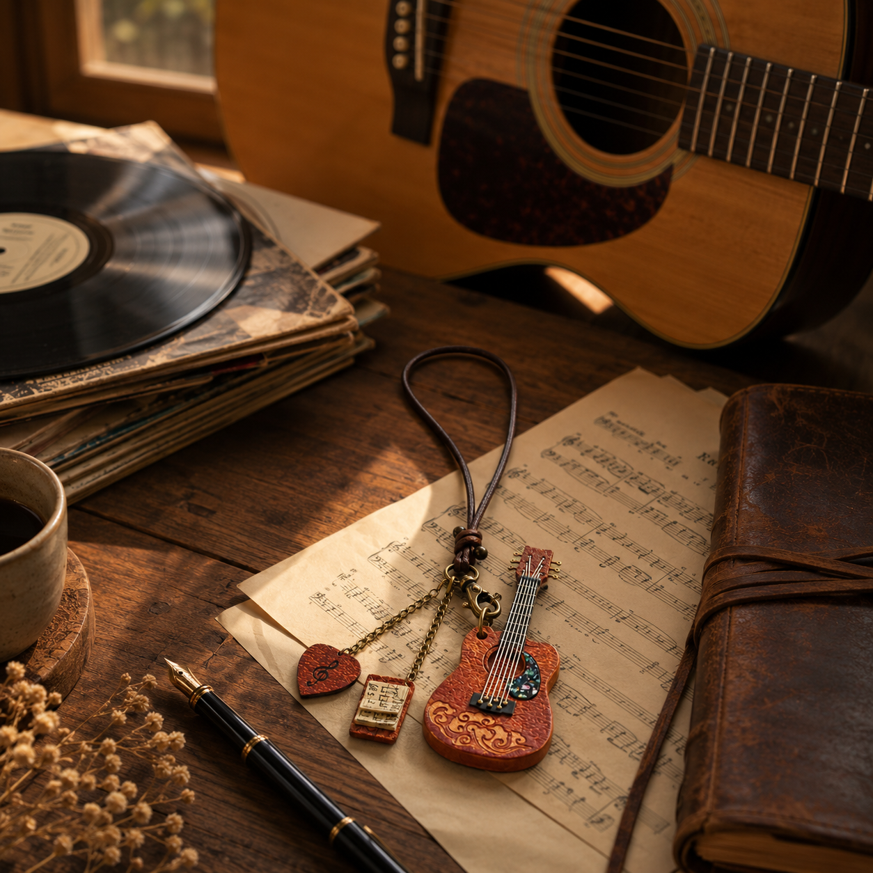 Handcrafted Leather Guitar Bag Charm, close-up detail