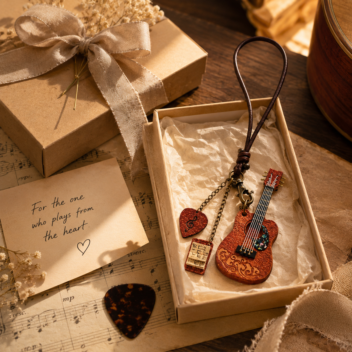 Handcrafted Leather Guitar Bag Charm, size and feature guide