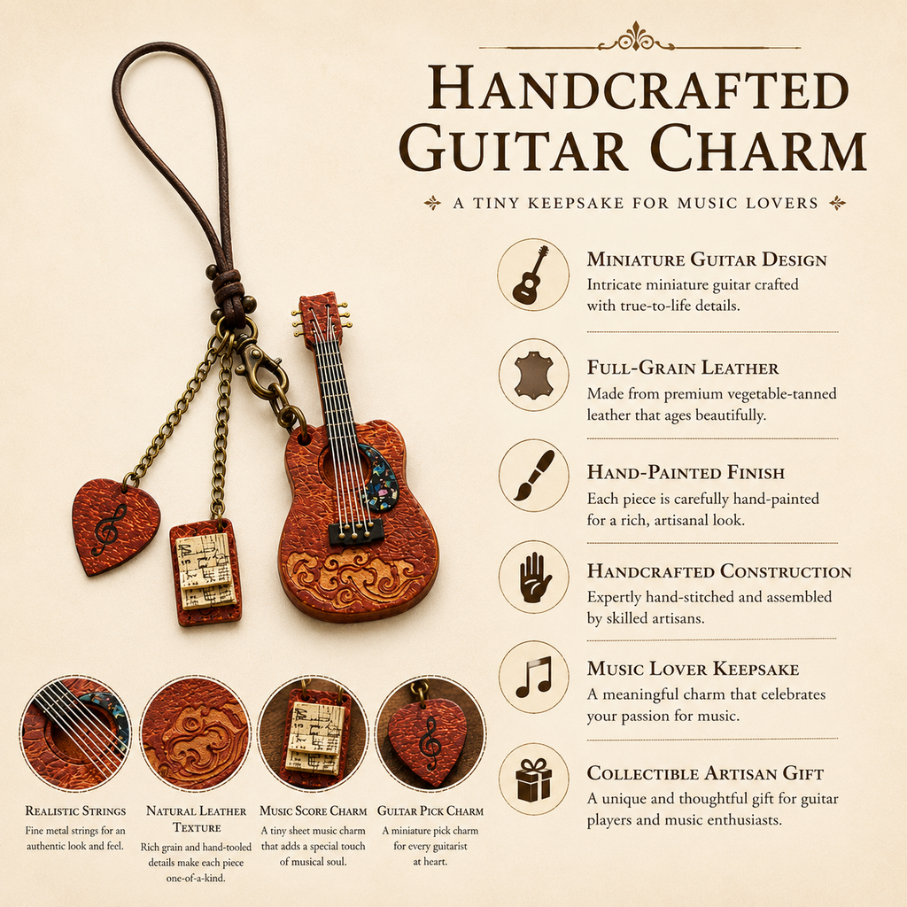 Handcrafted Leather Guitar Bag Charm, lifestyle view