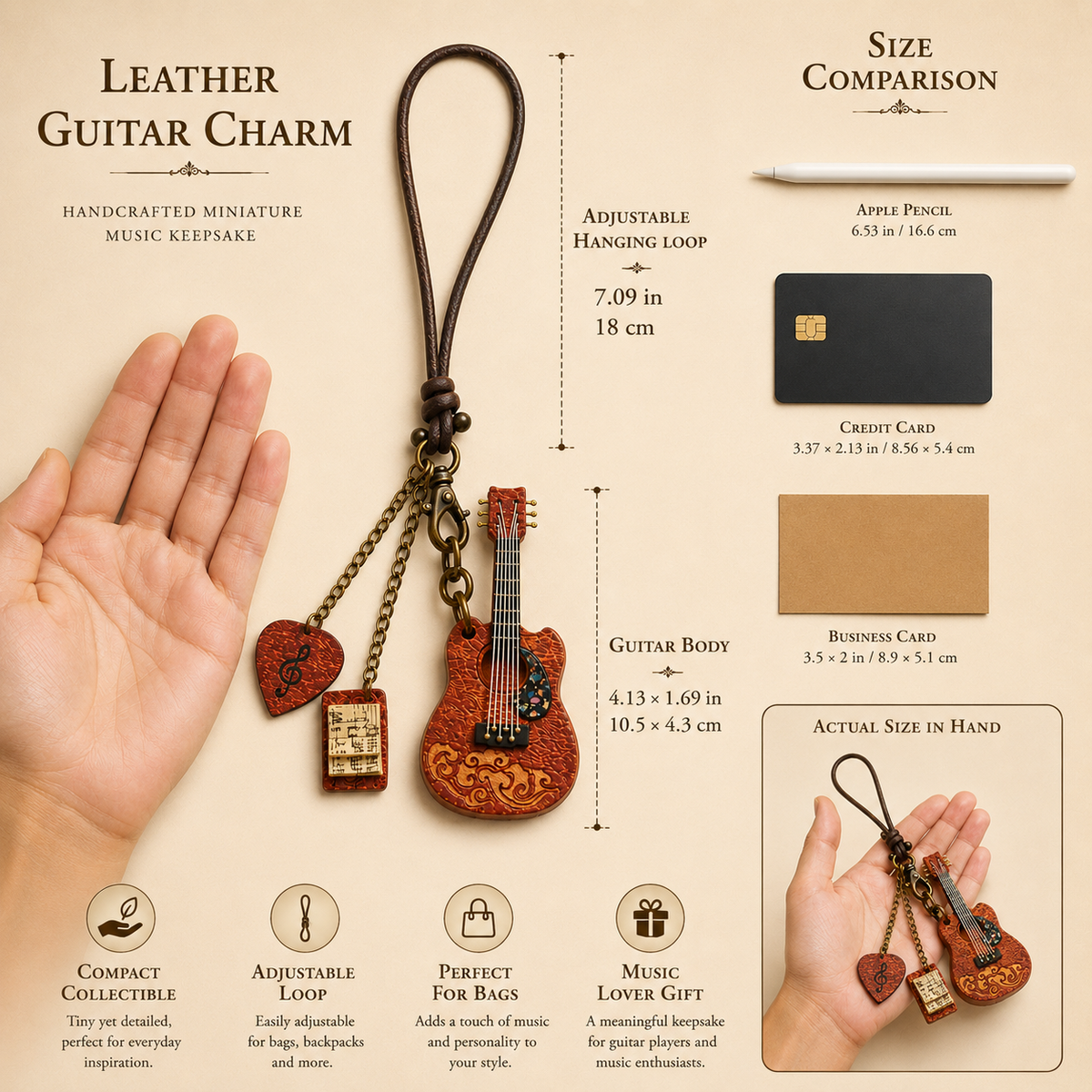 Handcrafted Leather Guitar Bag Charm, craftsmanship details