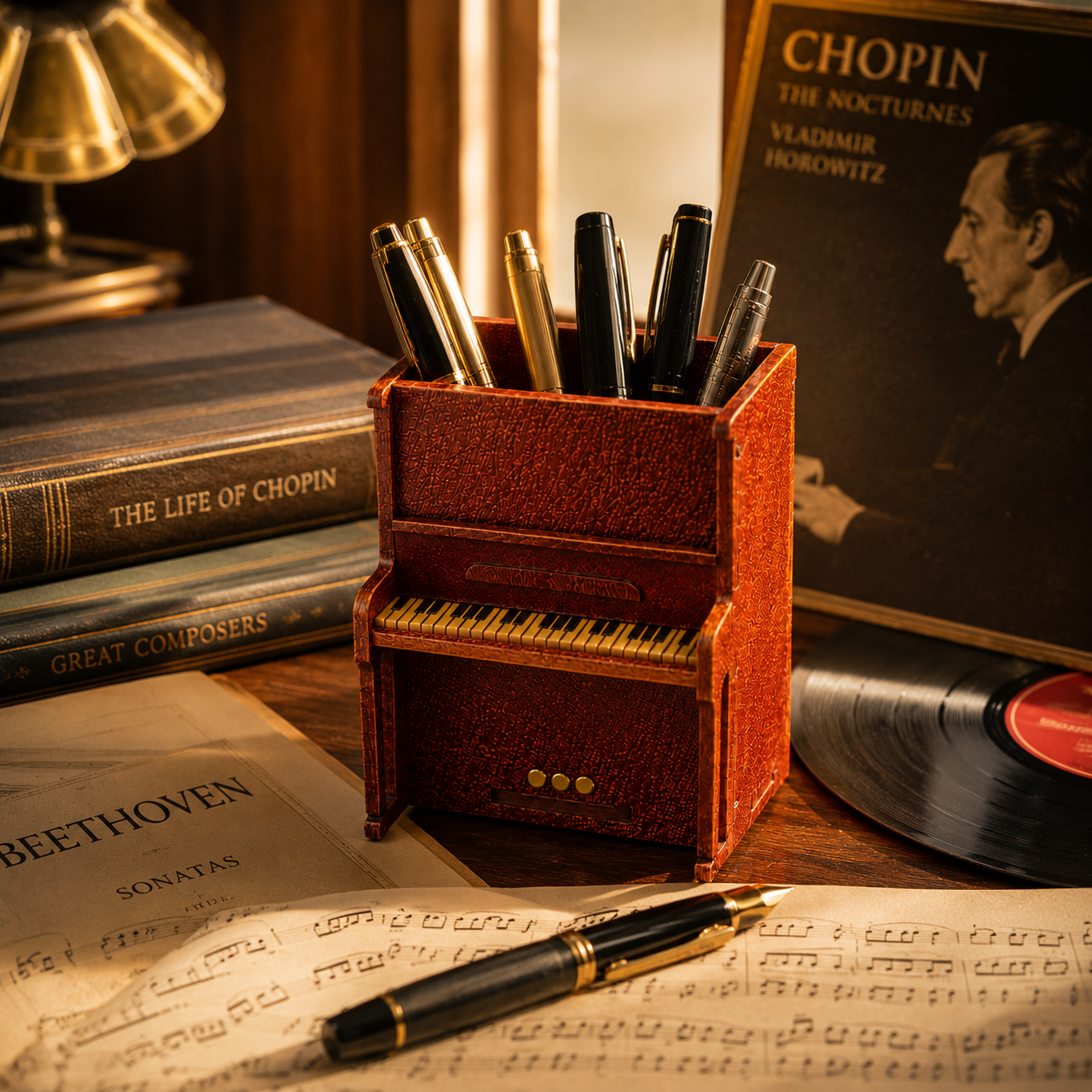 Handcrafted Leather Piano Desk Organizer, lifestyle view
