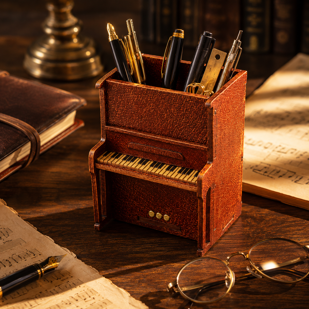 Handcrafted Leather Piano Desk Organizer, craftsmanship details