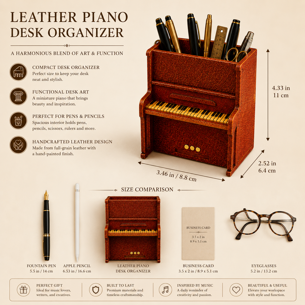 Handcrafted Leather Piano Desk Organizer, product overview