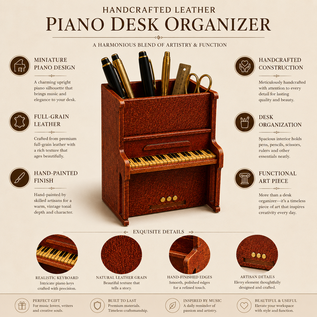 Handcrafted Leather Piano Desk Organizer, styled product view