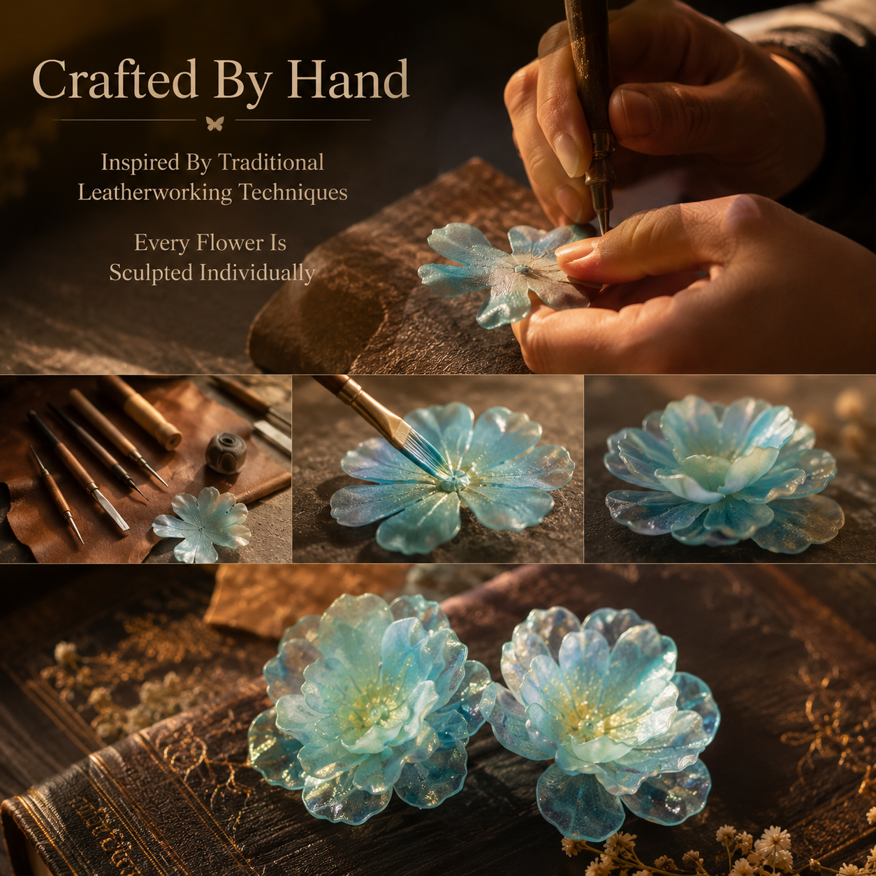 Handcrafted Leather Sculpture Flower Earrings, product overview
