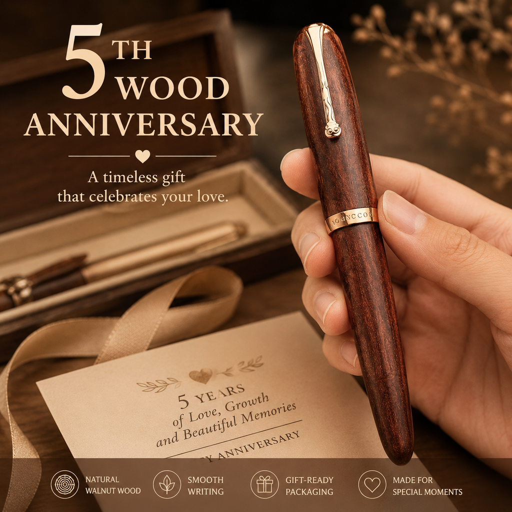 Handcrafted Wooden Pen, styled product scene with anniversary-themed props