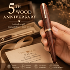 Handcrafted Wooden Pen, styled product scene with anniversary-themed props