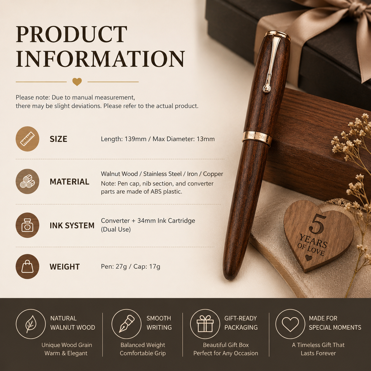 Handcrafted Wooden Pen, size and dimensions infographic in a clear product gallery view