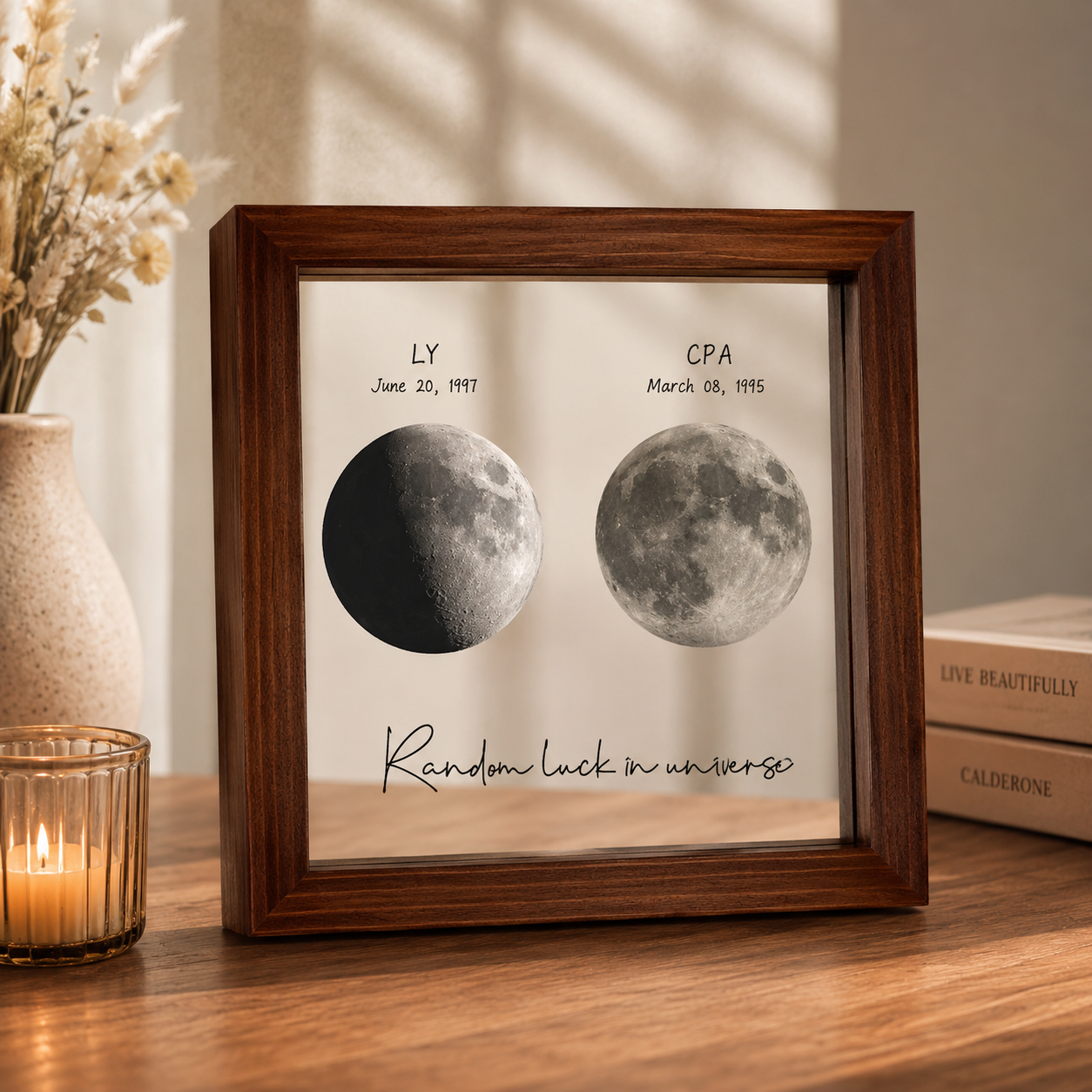 Personalized Moon Phase Frame Gift Box – Custom Anniversary Moon Print, displayed in a warm home interior