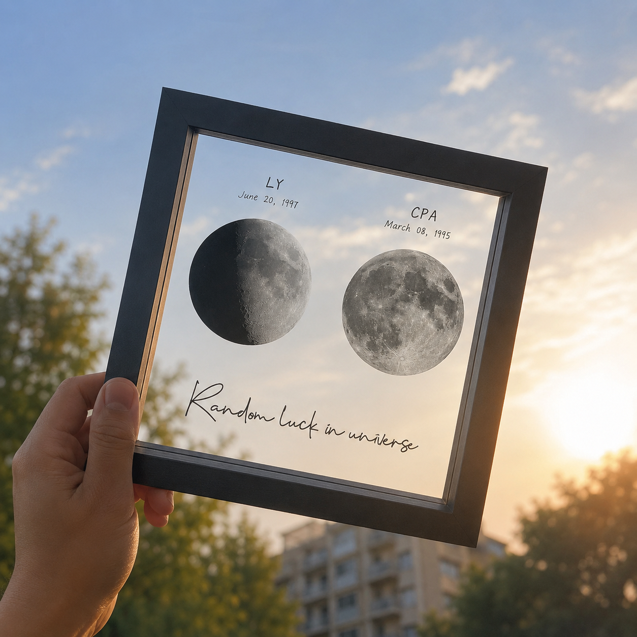 Personalized Moon Phase Frame Gift Box – Custom Anniversary Moon Print, held in hand to show scale and surface detail