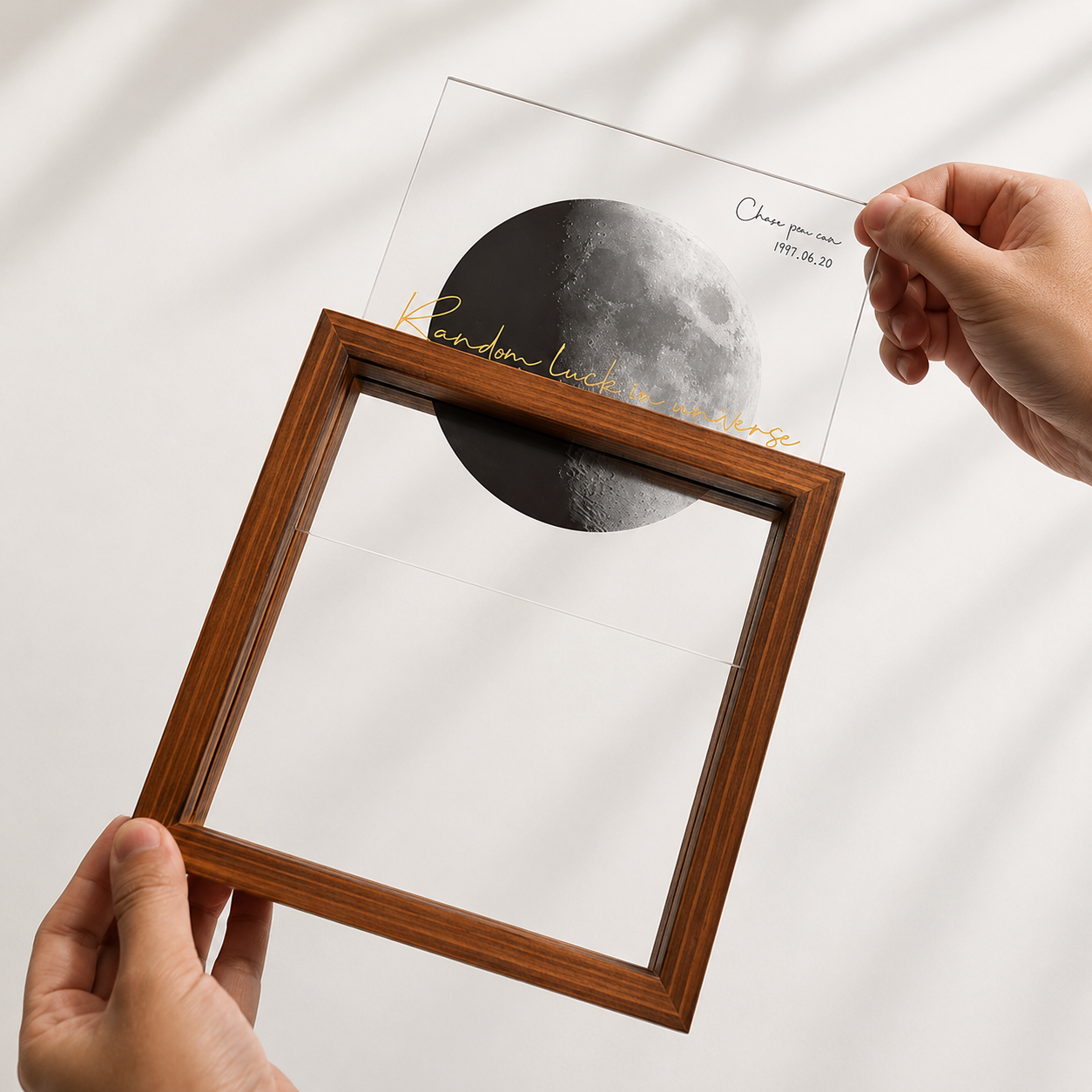 Personalized Moon Phase Frame Gift Box – Custom Anniversary Moon Print, held in hand to show scale and surface detail