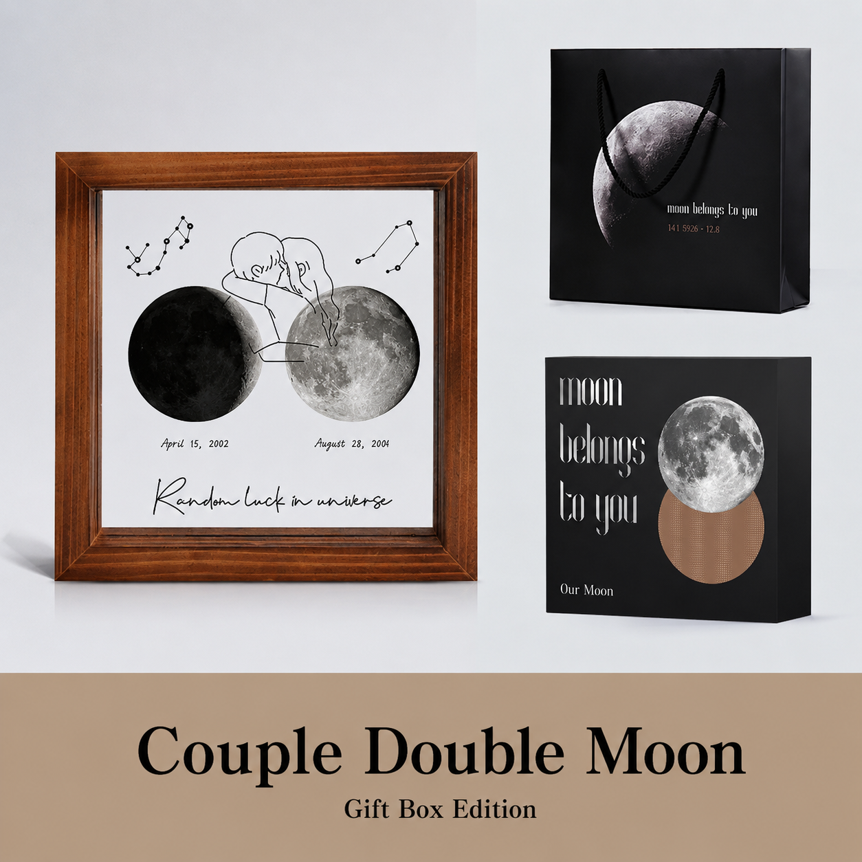 Personalized Moon Phase Frame Gift Box – Custom Anniversary Moon Print, presented with its gift box and accessories